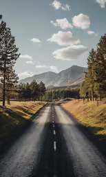 the empty road leads to a scenic view in the mountains
