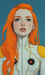 orange haired girl with eyeliners wearing a white suit