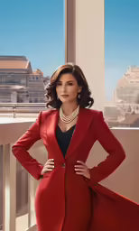 an attractive woman in a red suit and pearls poses in a balcony