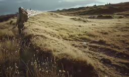 someone hiking in the grass with one backpack