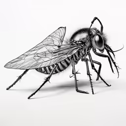 a black and white image of a fly on a white surface