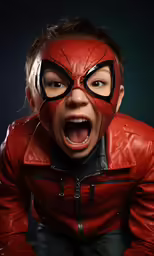 a boy in a red leather jacket with a mask on his head