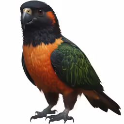 a bird has black feathers, green and orange feathers