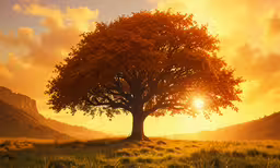 a lone tree stands alone in a field,the sun is setting over a green mountain
