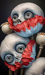 two identically colored plastic head sculptures standing together