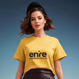 a woman in yellow shirt and brown pants