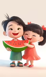 two asian people holding a piece of watermelon with both hands