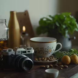 a vintage camera and some bowls with nuts next to it