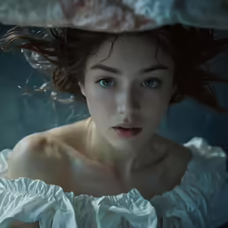 a young lady with blue eyes under a large white sheet