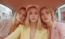 three woman sitting in the back of a car posing