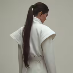 woman in a white jacket wearing a long ponytail