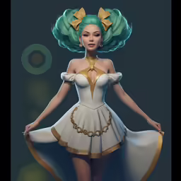 a woman in a white dress is wearing an ornate green hair