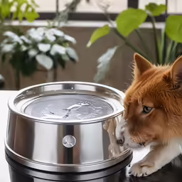 a cat next to a stainless steel bowl