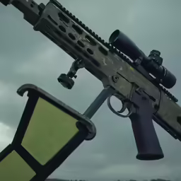 a rifle with scopes and a yellow banner hanging on it