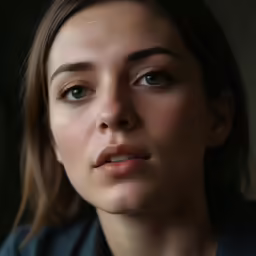 a close up photo of a woman looking off to the side