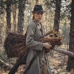 woman carrying twigs across the woods in an outfit