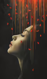 a woman is staring up into the sky with red drops coming from her face