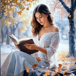 a young woman in white sits on a bed and read a book
