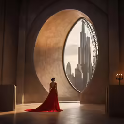 the red dress on the mannequin is by a window with a view of city
