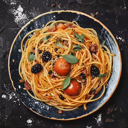 this is a bowl of pasta with tomatoes, blackberries and green leaves