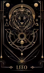 the zodiac leo on black background with gold lines and a lion head