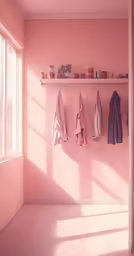 three coats hanging on a rack in the middle of a pink room