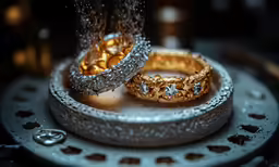two yellow and white gold rings in the middle of some other rings