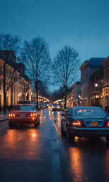 the traffic is moving on the street at night