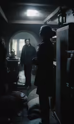 a man and woman in a dark room looking towards the doorway