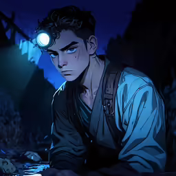 a young man sitting next to a glowing light
