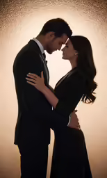 a beautiful young woman in black dress and a man in suit standing close to each other