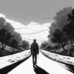 a man with a backpack walks along a snowy road,a man walking on top of a snow covered road