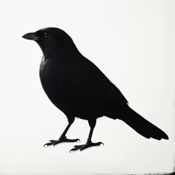 a black bird sitting on top of a white background