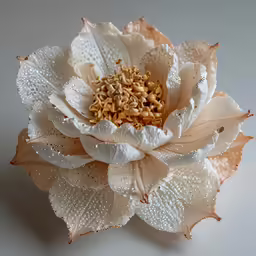 a flower made from some white beads sitting on a table