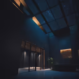 a room with a bathtub under a ceiling covered in stars
