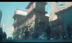 a view of a city with people walking through it