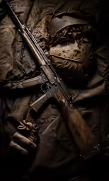 a rifle and a mask lying on a cloth