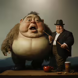a huge cartoon creature being posed next to an older man