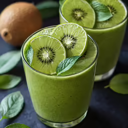 two glasses of green smoothie on a black surface with leaves