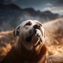 an angry dog sitting on the ground with his mouth open