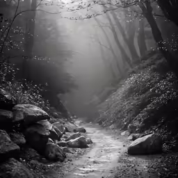 a foggy forest road is shown with large rocks