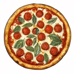 a pizza is decorated with fresh basil and tomatoes