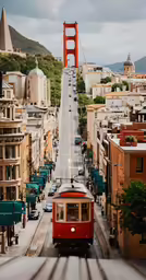 a red trolley passing through an urban city area