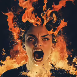 an angry woman surrounded by a large explosion of fire