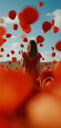 a woman standing in a field of orange flowers