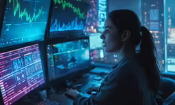 a woman sitting at a computer looking down