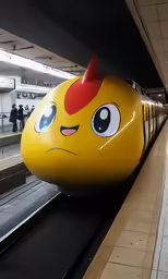 a yellow train with a devil nose is next to an empty platform