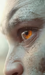 the orange eye of a young man is reflected in the water