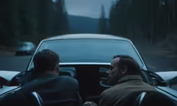 two men sitting in front of a car with the rear door open