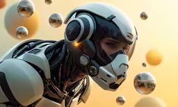 the robotic person is in front of bubbles